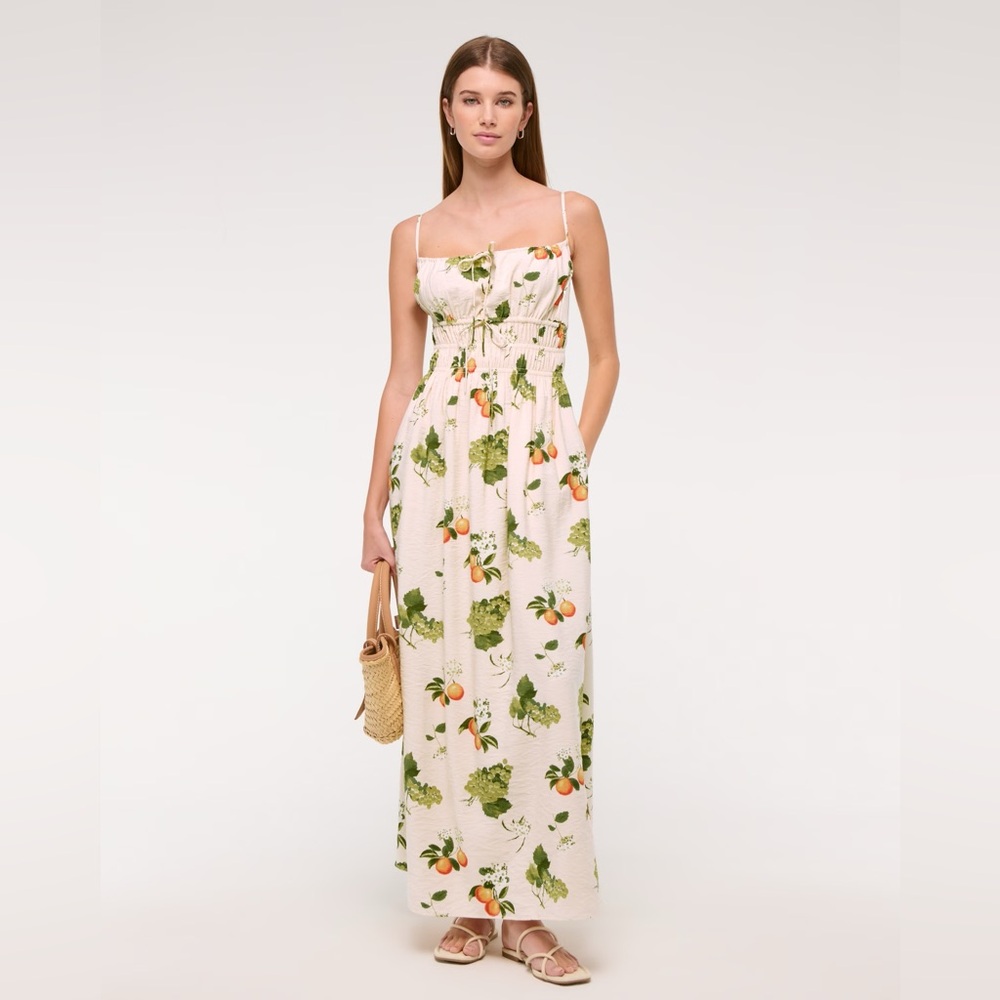 Abercrombie & Fitch Smocked Tie-Front Maxi Dress in Cream Pattern